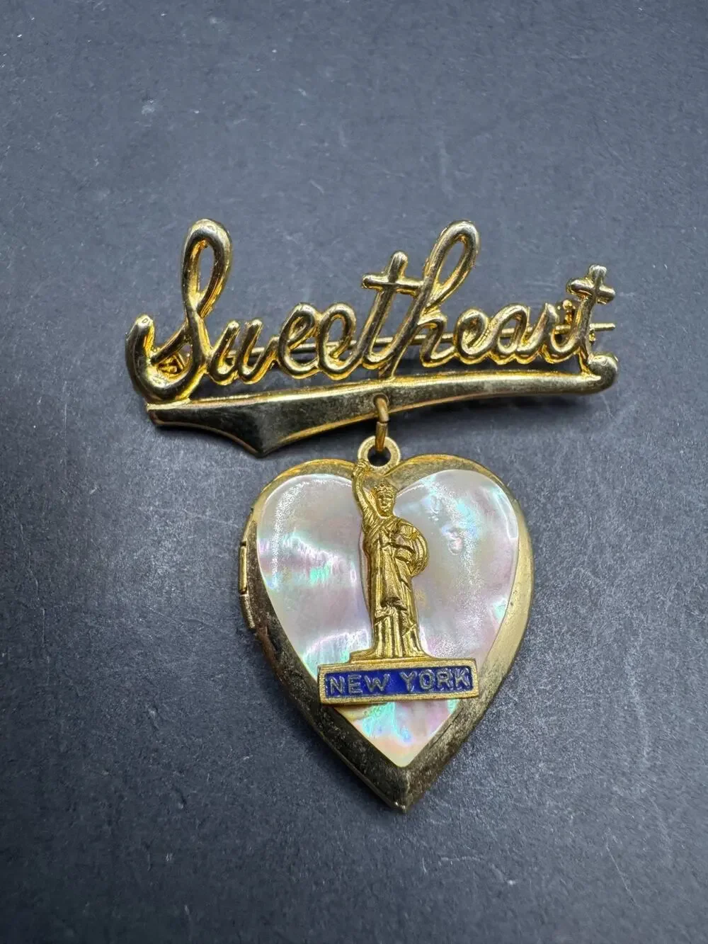 Vtg Sweetheart Brooch Heart Locket Statue of Liberty New York MOP Brooch Pin